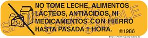 Auxiliary Label - No Tome Leche, Alimentos, Lacteos, Antiacidos, Ni Medicamentos